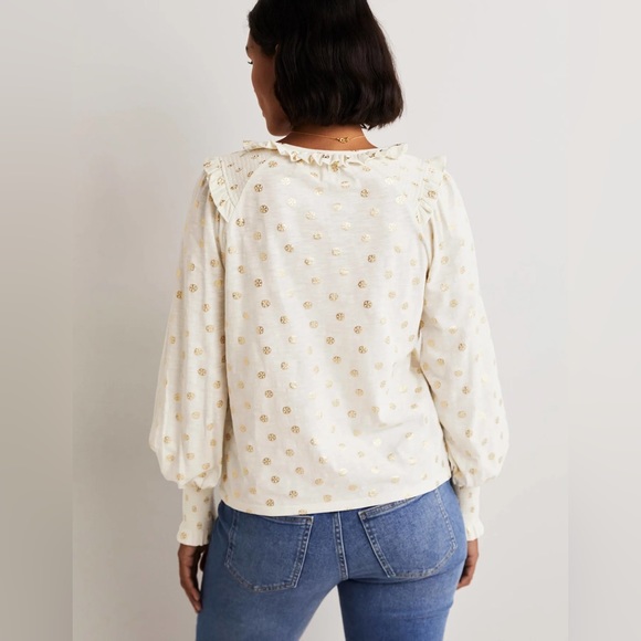 Boden Long Sleeve Smocked Balloon Sleeve Frilled Ruffle Gold Foil Peasant Top S - Picture 4 of 9